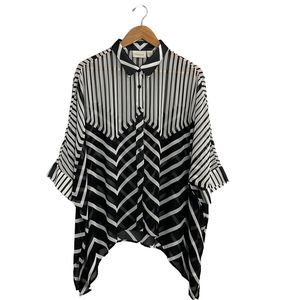 Chico's Sheer Blouse Top Stripe Short Sleeve Button Front Black White Size L 16